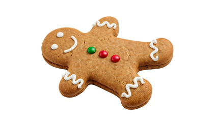 Festive gingerbread man cookie with icing and candy buttons on isolated background