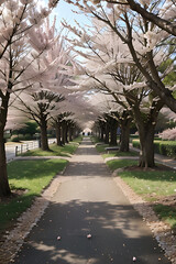 Fototapeta premium A pathway lined with blooming cherry blossom trees creates a picturesque scene in a park on a sunny day.
