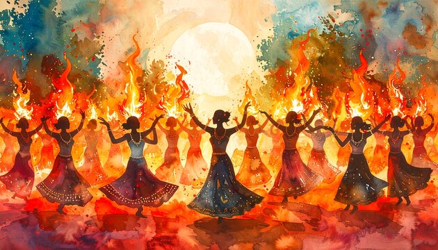Women in flowing skirts dance amidst vibrant flames under a large moon