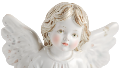 Porcelain angel statue with delicate features and white wings elegantly captures innocence and serenity