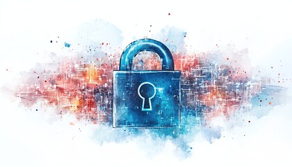 watercolor clipart of innovative enterprise cybersecurity protecting data and networks, advanced technology strategies against digital threats, isolated background