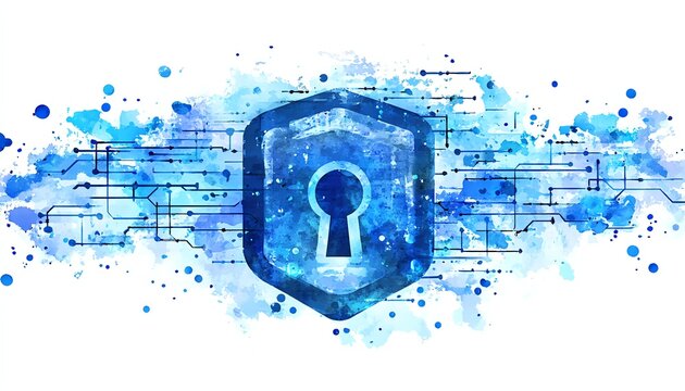 watercolor clipart of innovative enterprise cybersecurity protecting data and networks, advanced technology strategies against digital threats, isolated background