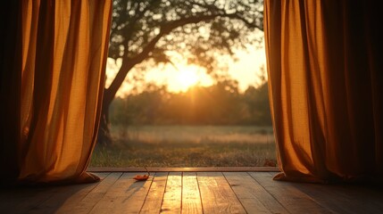 Golden hour view through curtains