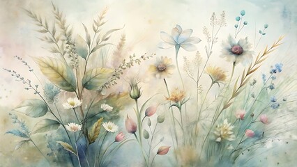Soft focus watercolor painting of delicate wildflowers and grasses in a dreamy pastel meadow creating a serene and ethereal natural landscape