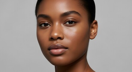 A beautiful close-up portrait of a serene young Black woman with perfect, glowing skin. Her minimalist look embodies a concept of natural beauty, wellness, and self-care.