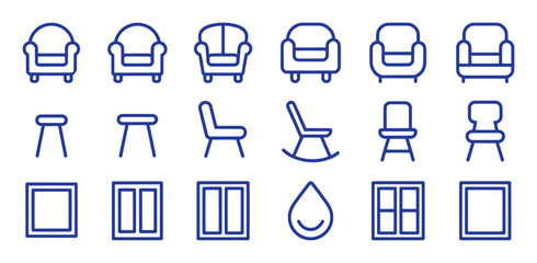 Blue furniture and window icons in a clean vector set chairs stools