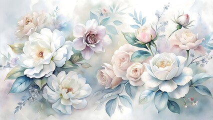 Delicate watercolor floral arrangement featuring soft pastel roses peonies and eucalyptus leaves creating a dreamy romantic and ethereal atmosphere