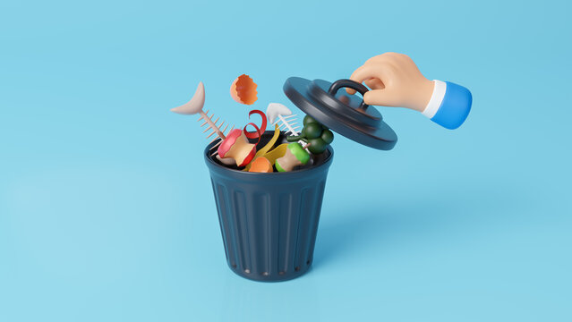 Kitchen waste recycling, the concept of ecology problem and World Environment Day. Food waste in a container, bag, pile and separately. Sorting, recycling and processing of waste. 3d rendering