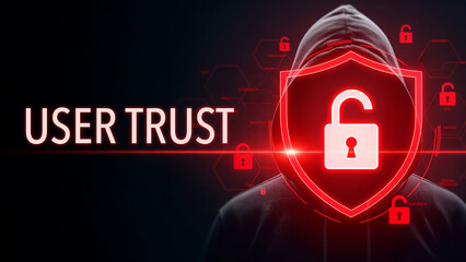 Hooded figure with glowing red lock emblem and user trust text signifies data security issues, background of technology and encryption, cybersecurity hacking concept