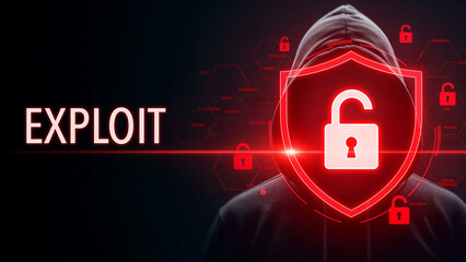 Hooded figure in dark digital environment with glowing red lock symbol and text exploit, cyber security hacker programming risk, data breach network vulnerability concept