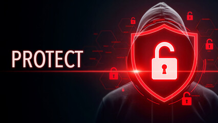Hacker in hooded sweatshirt with glowing red padlock graphic and protect text, cyber security and online privacy, data encryption shield digital security concept