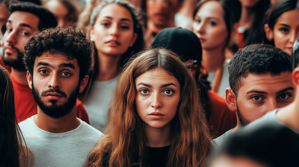 Crowd of serious young people at a demonstration or protest