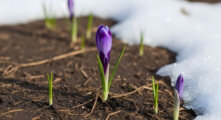 Purple Crocus Flowers Blooming in Spring Soil
