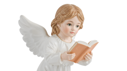 Cherubic angel figurine reading book with white wings  spiritual and serene decor for home and gifts