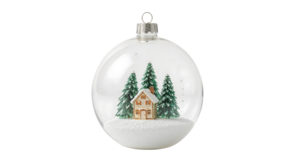 Miniature snow globe with festive scene of house and trees inside transparent ornament