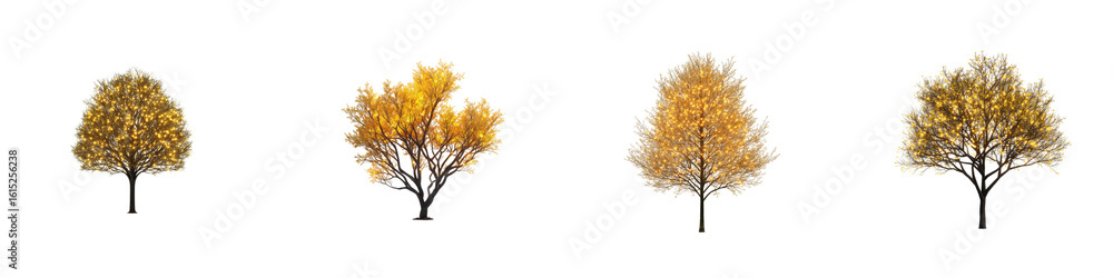 Poster four illuminated trees with glowing yellow lights isolated on a transparent background transparent b
