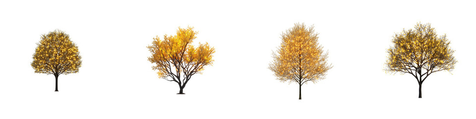 Obraz premium Four Illuminated Trees With Glowing Yellow Lights Isolated On A Transparent Background Transparent Background