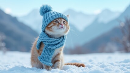 cat with blue knitted hat and scarf sitting on snowy ground with blurred mountain background