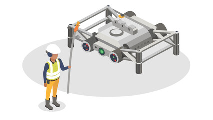 Isometric view of a worker with a pole next to a large gray industrial inspection robot platform