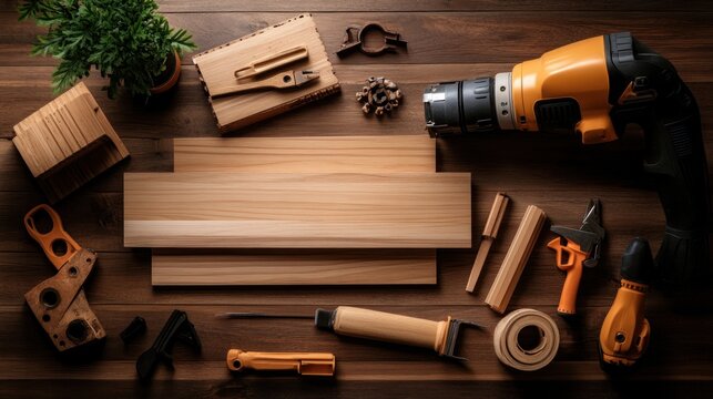 Woodworking tools and materials arranged on a dark wooden surface