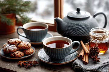 Fototapeta premium Cozy tea and cookie gathering rustic kitchen food photography winter environment close-up view comfort concept for relaxation and warmth