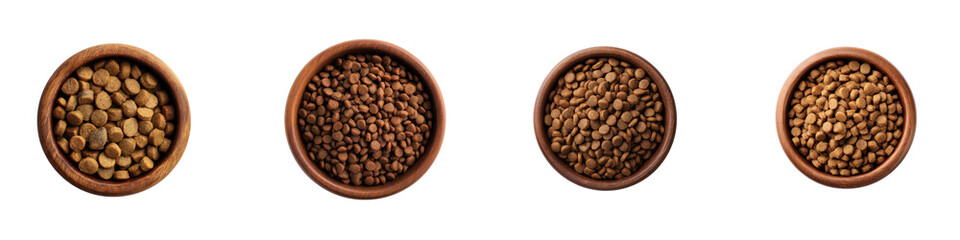 Fototapeta premium Four overhead views of wooden bowls filled with dry pet food kibble isolate transparent background