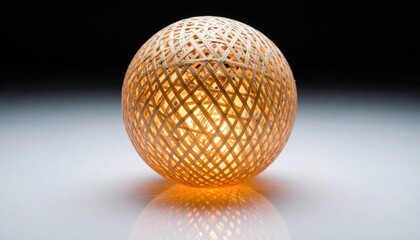Glowing Orange Mesh Sphere with Gradient Light Against a Dark Background Reflecting on White Surface