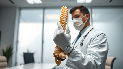 Medical professional demonstrates human spine anatomy with a model in a modern healthcare environment.