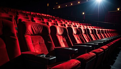 Empty Red Theater Seats Lit By Spotlight Creating Shadows and Dark Interior During Cinematic Performance