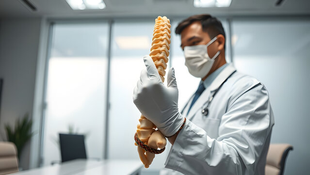 Medical professional demonstrates human spine anatomy with a model in a modern healthcare environment.