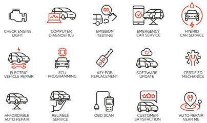 Vector set of linear icons related to automotive service, car repair, maintenance, engine diagnostics for websites, mobile apps, infographics, car service, garages - part 3