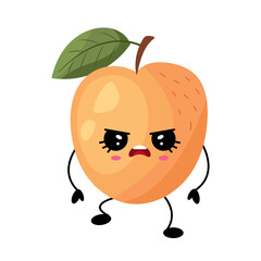 This is a cute cartoon character of an angry peach with a leaf on its head, full of charm