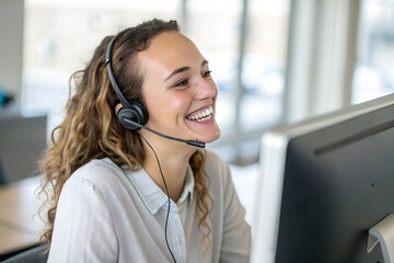 Smiling Customer Service Representative with Headset at Computer