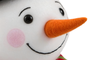 Closeup of cheerful snowman with orange carrot nose and rosy cheeks
