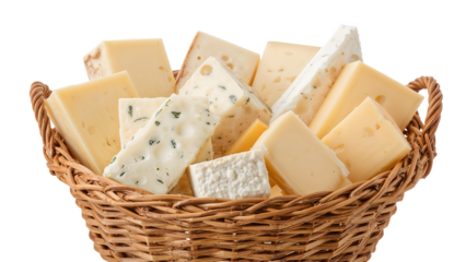 Delicious variety of artisan cheeses in a wicker basket: a gourmet cheese collection