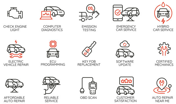 Fototapeta Vector set of linear icons related to automotive service, car repair, maintenance, engine diagnostics for websites, mobile apps, infographics, car service, garages - part 3