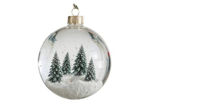 Elegant christmas tree ornament with snowy pine forest encased in glass sphere on isolated background