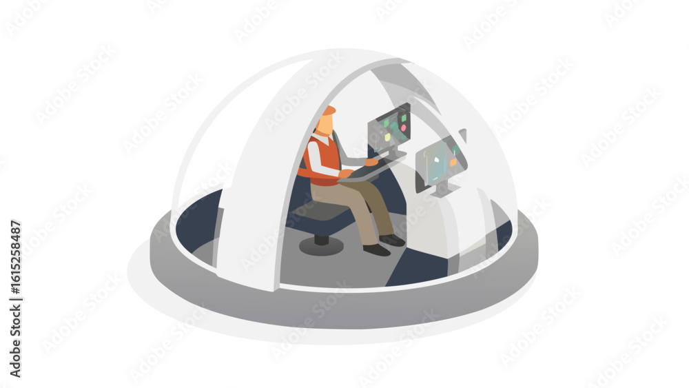 Poster illustration of a man sitting in a futuristic dome with computer screens and a control panel inside 