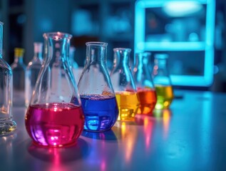 A variety of transparent flasks and beakers with vibrant liquids stand on a well-lit lab table