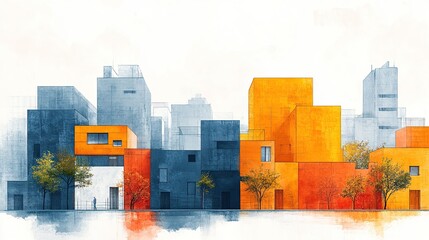Abstract cityscape watercolor with modern buildings in vibrant orange deep blue and white accented by stylized trees and subtle reflections symbolizing urban development and modern living