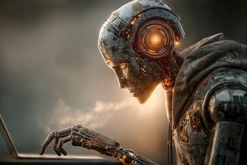 LLM large language model and custom AI solutions. Artificial intelligence driven automation technology. Businessman using laptop computer for training and instructing AI. High quality