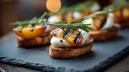 An alfresco dinner with grilled peaches, burrata, and sprigs of rosemary, served on slate board
