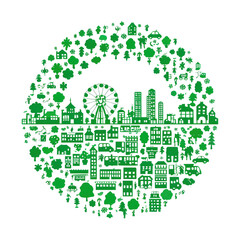 Fototapeta premium Circular green city silhouette, densely packed with miniature buildings, trees, and nature icons, forming a ring around a city skyline
