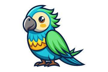 Vector illustration of a vibrant cartoon parakeet, also known as a budgie, featuring bright blue and yellow plumage with green feather detailing.