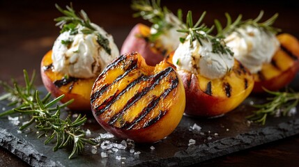An alfresco dinner with grilled peaches, burrata, and sprigs of rosemary, served on slate board
