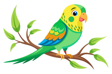 Vector illustration of a vibrant cartoon parakeet, also known as a budgie, featuring bright blue and yellow plumage with green feather detailing.