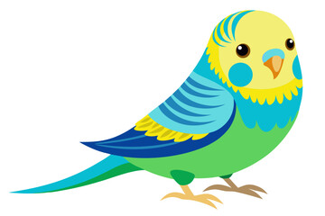 Vector illustration of a vibrant cartoon parakeet, also known as a budgie, featuring bright blue and yellow plumage with green feather detailing.