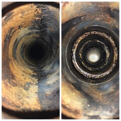 Before and after views of a heavily rusted pipe interior