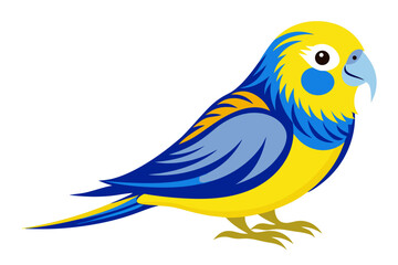Vector illustration of a vibrant cartoon parakeet, also known as a budgie, featuring bright blue and yellow plumage with green feather detailing.