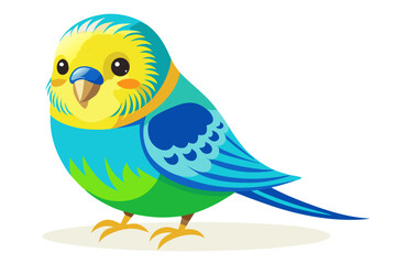 Vector illustration of a vibrant cartoon parakeet, also known as a budgie, featuring bright blue and yellow plumage with green feather detailing.